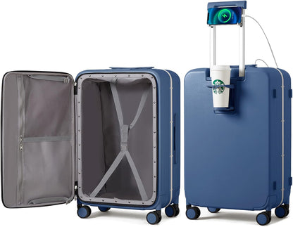 Carry On Luggage with Cup Phone Holder and Charger Hard Shell Suitcases with Spinner Wheels, 20 Inch Smoke White