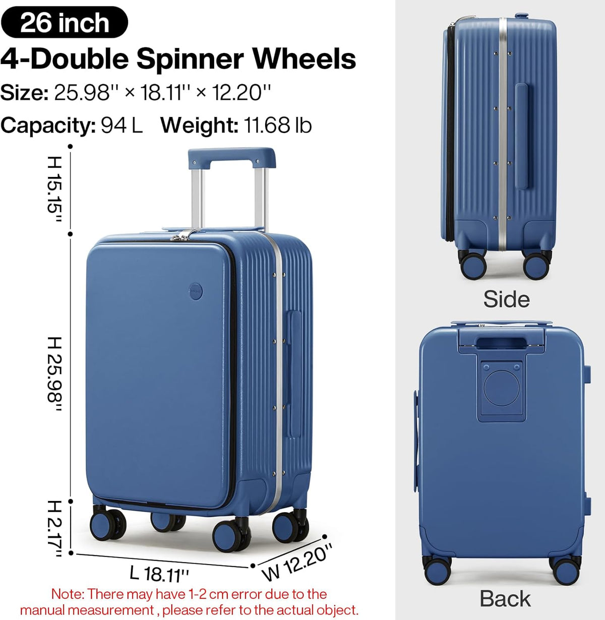 Carry On Luggage with Cup Phone Holder and Charger Hard Shell Suitcases with Spinner Wheels, 20 Inch Smoke White