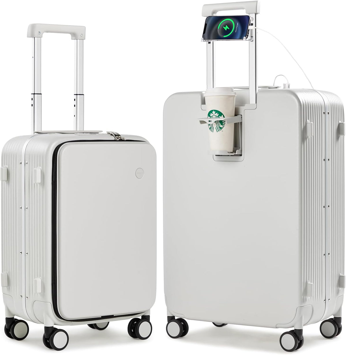 Carry On Luggage with Cup Phone Holder and Charger Hard Shell Suitcases with Spinner Wheels, 20 Inch Smoke White