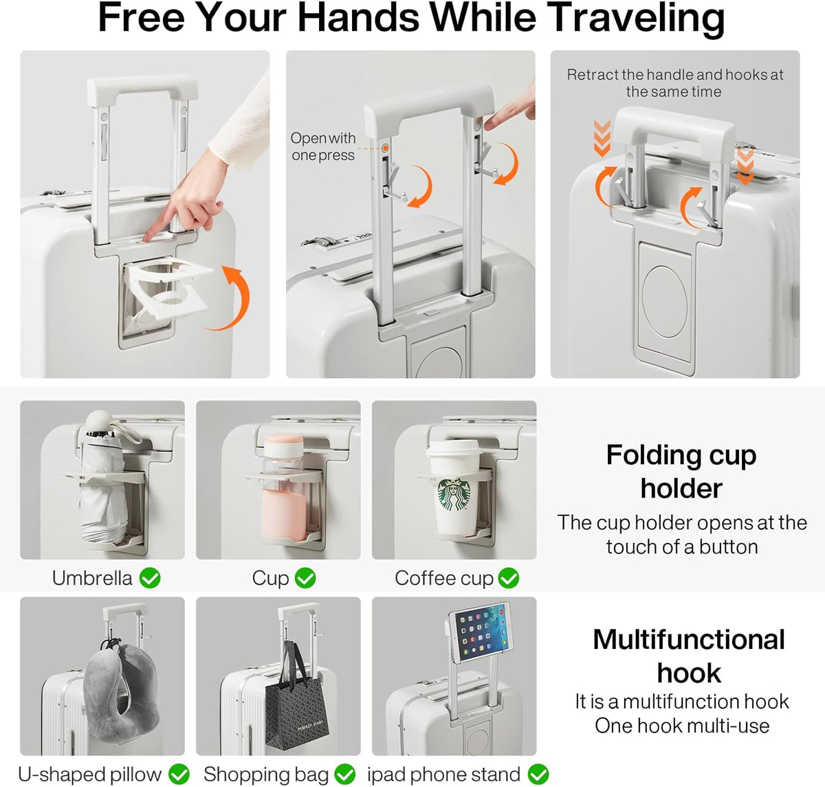 Carry On Luggage with Cup Phone Holder and Charger Hard Shell Suitcases with Spinner Wheels, 20 Inch Smoke White