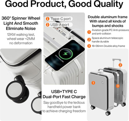 Carry On Luggage with Cup Phone Holder and Charger Hard Shell Suitcases with Spinner Wheels, 20 Inch Smoke White
