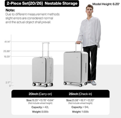 Carry On Luggage with Cup Phone Holder and Charger Hard Shell Suitcases with Spinner Wheels, 20 Inch Smoke White