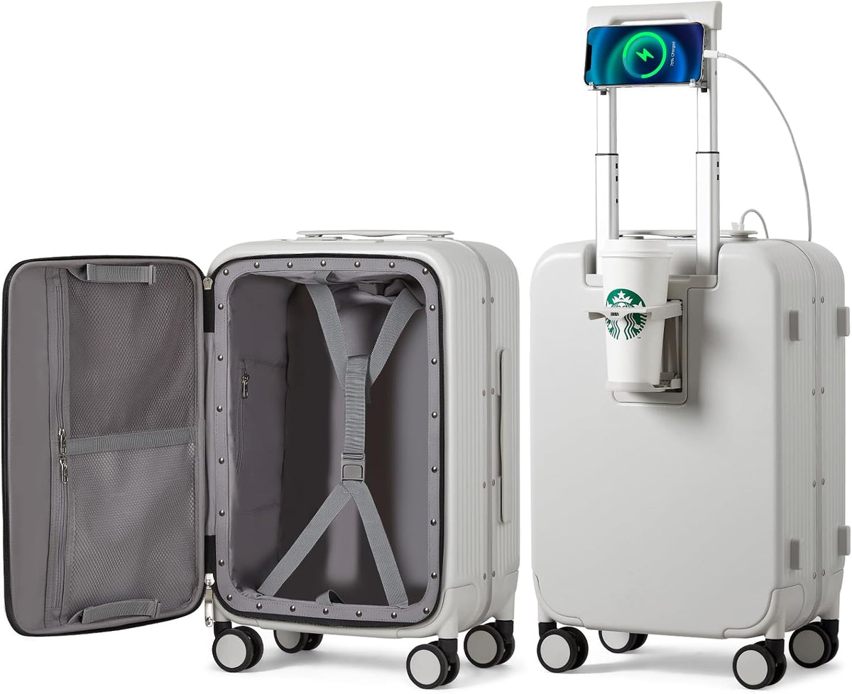 Carry On Luggage with Cup Phone Holder and Charger Hard Shell Suitcases with Spinner Wheels, 20 Inch Smoke White