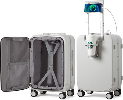 Carry On Luggage with Cup Phone Holder and Charger Hard Shell Suitcases with Spinner Wheels, 20 Inch Smoke White