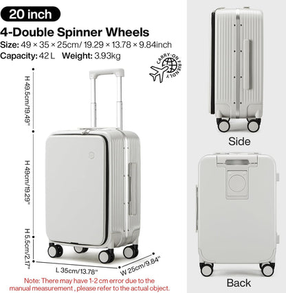 Carry On Luggage with Cup Phone Holder and Charger Hard Shell Suitcases with Spinner Wheels, 20 Inch Smoke White