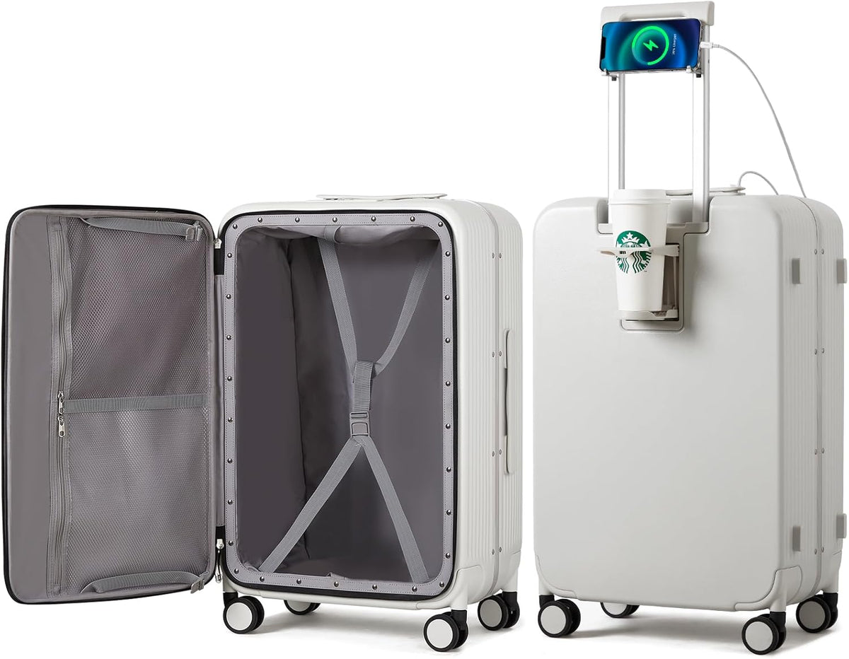 Carry On Luggage with Cup Phone Holder and Charger Hard Shell Suitcases with Spinner Wheels, 20 Inch Smoke White