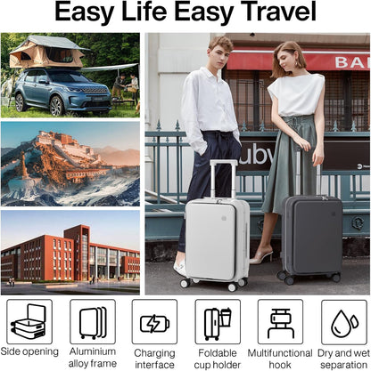 Carry On Luggage with Cup Phone Holder and Charger Hard Shell Suitcases with Spinner Wheels, 20 Inch Smoke White
