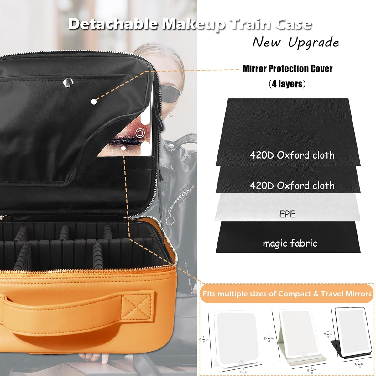 Travel Makeup Bag Cosmetic Bag with Lighted Mirror, Adjustable Brightness in 3 Color Scenarios/Detachable makeup mirror, All-round Upgrade, Waterproof, Gift for Women -Black