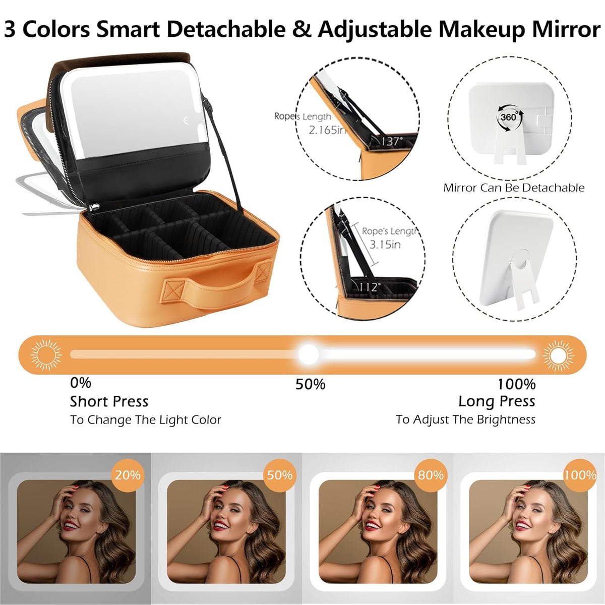 Travel Makeup Bag Cosmetic Bag with Lighted Mirror, Adjustable Brightness in 3 Color Scenarios/Detachable makeup mirror, All-round Upgrade, Waterproof, Gift for Women -Black