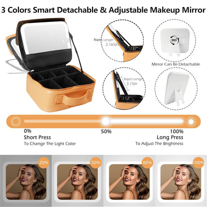 Travel Makeup Bag Cosmetic Bag with Lighted Mirror, Adjustable Brightness in 3 Color Scenarios/Detachable makeup mirror, All-round Upgrade, Waterproof, Gift for Women -Black