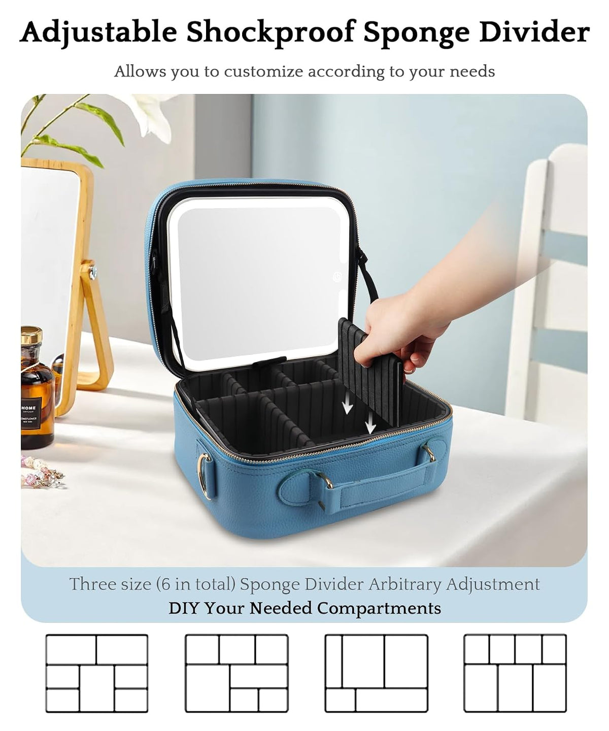Travel Makeup Bag Cosmetic Bag with Lighted Mirror, Adjustable Brightness in 3 Color Scenarios/Detachable makeup mirror, All-round Upgrade, Waterproof, Gift for Women -Black
