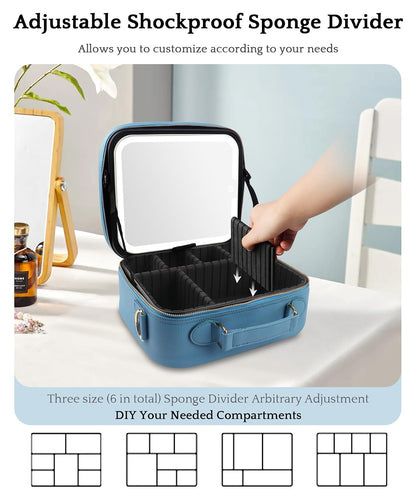 Travel Makeup Bag Cosmetic Bag with Lighted Mirror, Adjustable Brightness in 3 Color Scenarios/Detachable makeup mirror, All-round Upgrade, Waterproof, Gift for Women -Black