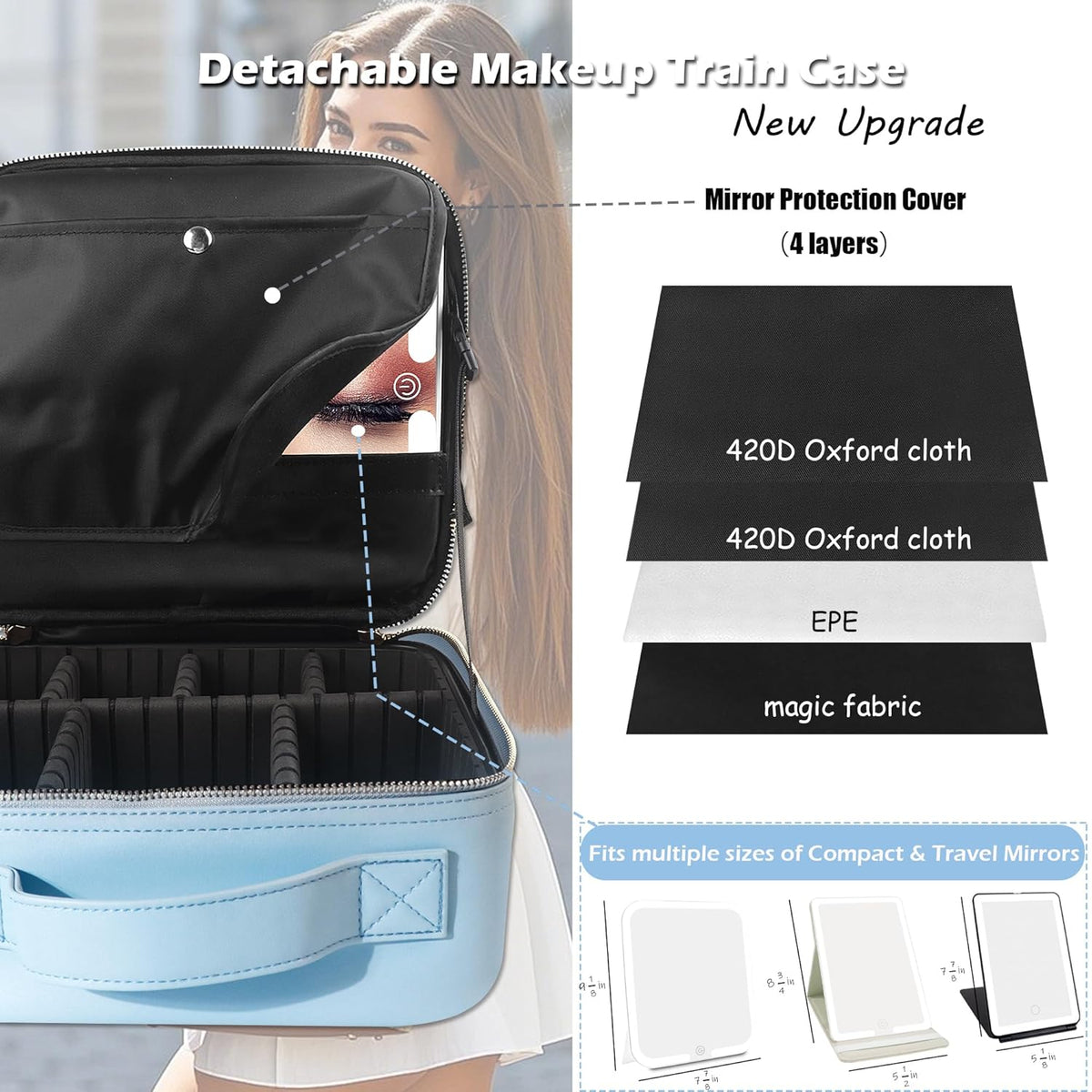 Travel Makeup Bag Cosmetic Bag with Lighted Mirror, Adjustable Brightness in 3 Color Scenarios/Detachable makeup mirror, All-round Upgrade, Waterproof, Gift for Women -Black