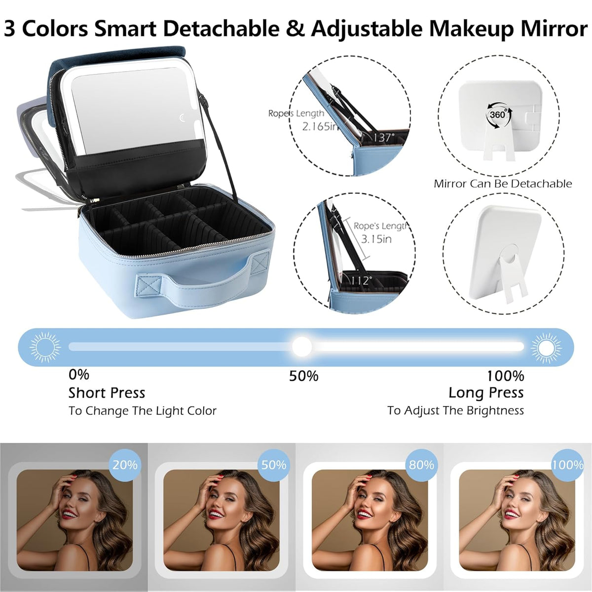 Travel Makeup Bag Cosmetic Bag with Lighted Mirror, Adjustable Brightness in 3 Color Scenarios/Detachable makeup mirror, All-round Upgrade, Waterproof, Gift for Women -Black