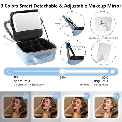 Travel Makeup Bag Cosmetic Bag with Lighted Mirror, Adjustable Brightness in 3 Color Scenarios/Detachable makeup mirror, All-round Upgrade, Waterproof, Gift for Women -Black