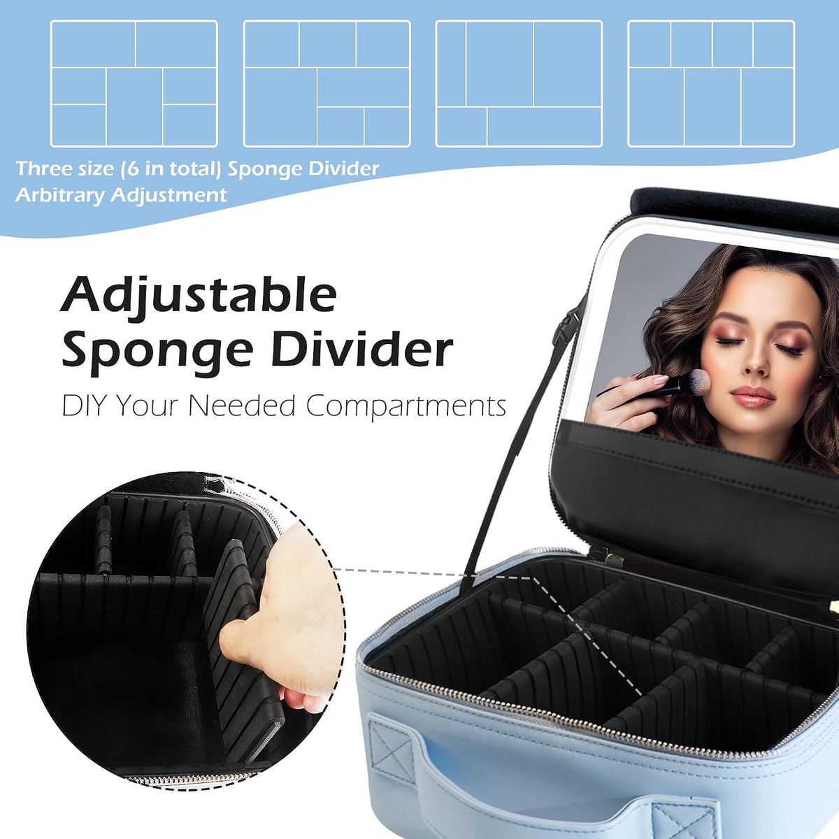 Travel Makeup Bag Cosmetic Bag with Lighted Mirror, Adjustable Brightness in 3 Color Scenarios/Detachable makeup mirror, All-round Upgrade, Waterproof, Gift for Women -Black
