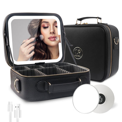 Travel Makeup Bag Cosmetic Bag with Lighted Mirror, Adjustable Brightness in 3 Color Scenarios/Detachable makeup mirror, All-round Upgrade, Waterproof, Gift for Women -Black