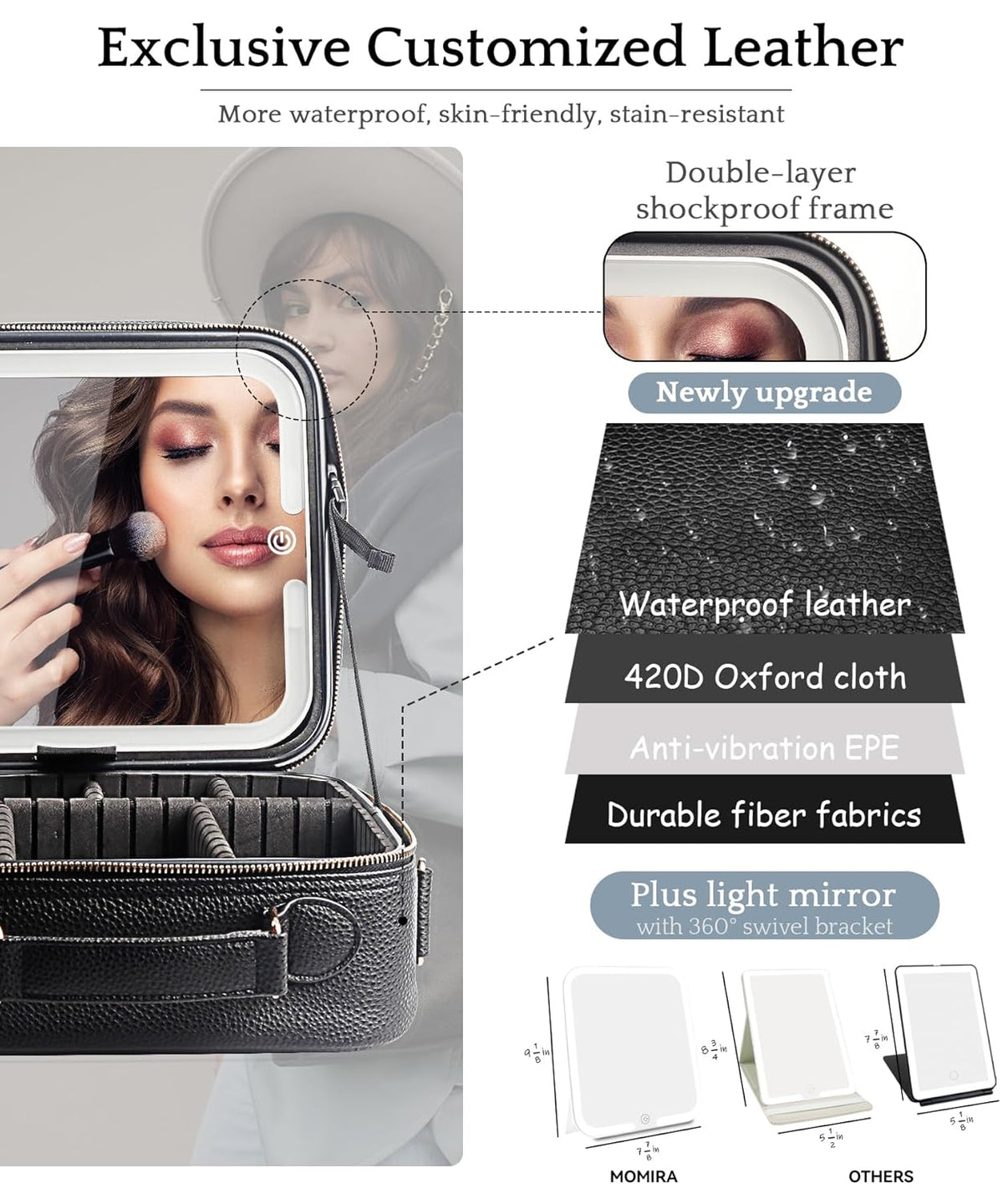 Travel Makeup Bag Cosmetic Bag with Lighted Mirror, Adjustable Brightness in 3 Color Scenarios/Detachable makeup mirror, All-round Upgrade, Waterproof, Gift for Women -Black
