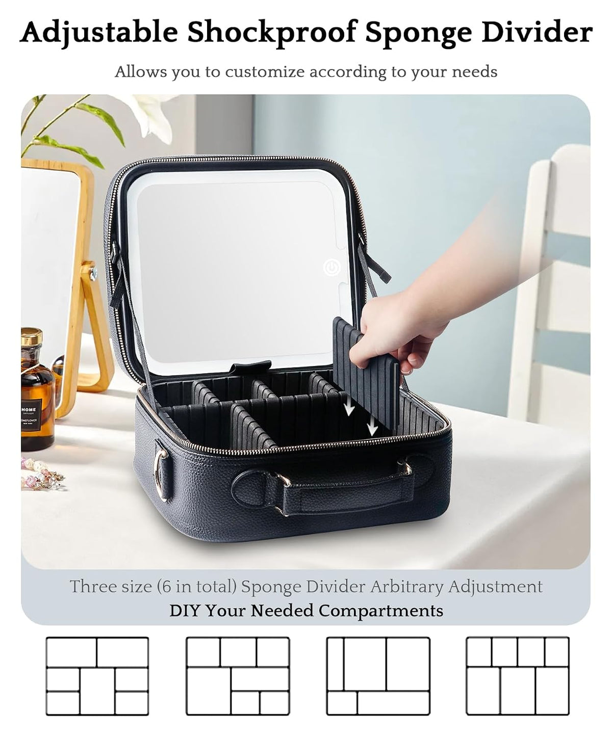 Travel Makeup Bag Cosmetic Bag with Lighted Mirror, Adjustable Brightness in 3 Color Scenarios/Detachable makeup mirror, All-round Upgrade, Waterproof, Gift for Women -Black