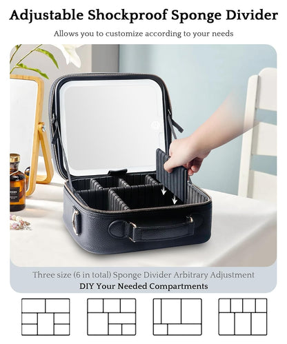 Travel Makeup Bag Cosmetic Bag with Lighted Mirror, Adjustable Brightness in 3 Color Scenarios/Detachable makeup mirror, All-round Upgrade, Waterproof, Gift for Women -Black