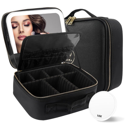 Travel Makeup Bag Cosmetic Bag with Lighted Mirror, Adjustable Brightness in 3 Color Scenarios/Detachable makeup mirror, All-round Upgrade, Waterproof, Gift for Women -Black
