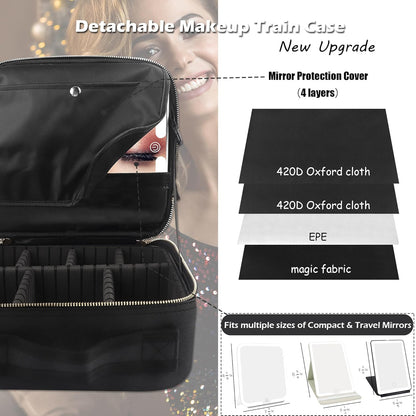 Travel Makeup Bag Cosmetic Bag with Lighted Mirror, Adjustable Brightness in 3 Color Scenarios/Detachable makeup mirror, All-round Upgrade, Waterproof, Gift for Women -Black