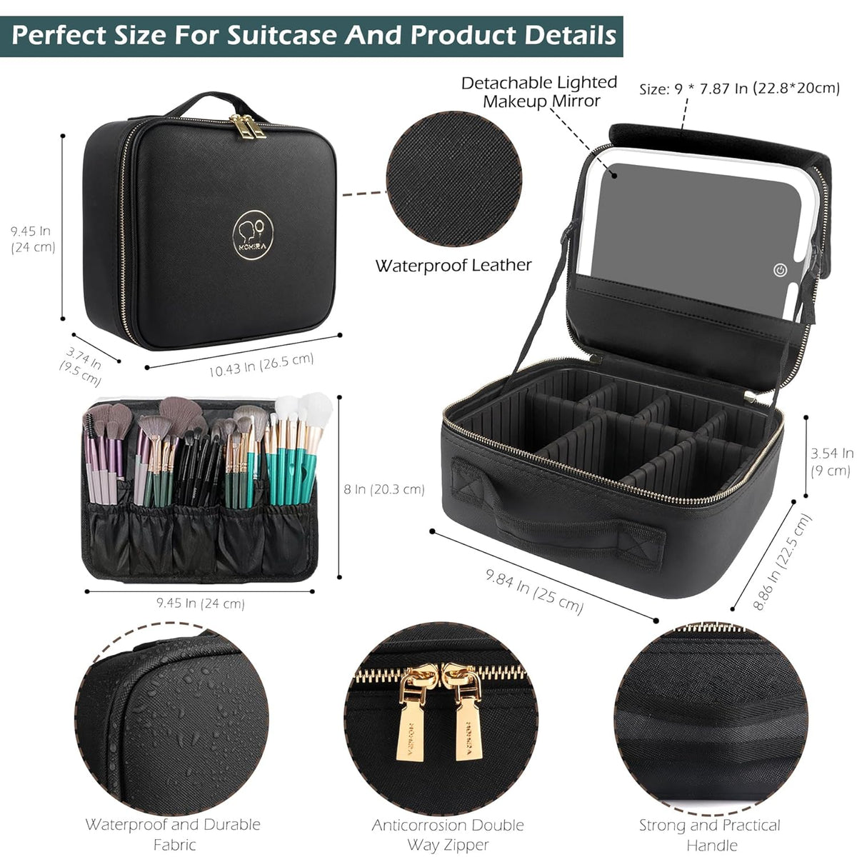 Travel Makeup Bag Cosmetic Bag with Lighted Mirror, Adjustable Brightness in 3 Color Scenarios/Detachable makeup mirror, All-round Upgrade, Waterproof, Gift for Women -Black
