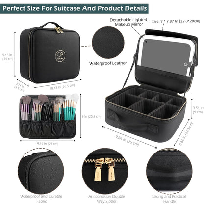 Travel Makeup Bag Cosmetic Bag with Lighted Mirror, Adjustable Brightness in 3 Color Scenarios/Detachable makeup mirror, All-round Upgrade, Waterproof, Gift for Women -Black
