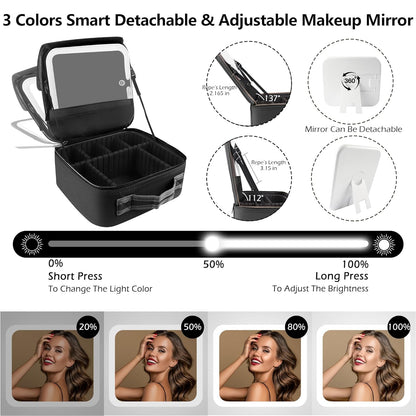 Travel Makeup Bag Cosmetic Bag with Lighted Mirror, Adjustable Brightness in 3 Color Scenarios/Detachable makeup mirror, All-round Upgrade, Waterproof, Gift for Women -Black