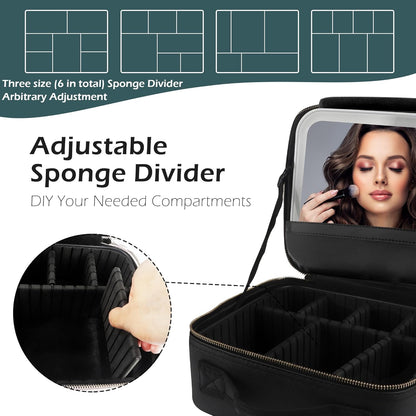 Travel Makeup Bag Cosmetic Bag with Lighted Mirror, Adjustable Brightness in 3 Color Scenarios/Detachable makeup mirror, All-round Upgrade, Waterproof, Gift for Women -Black