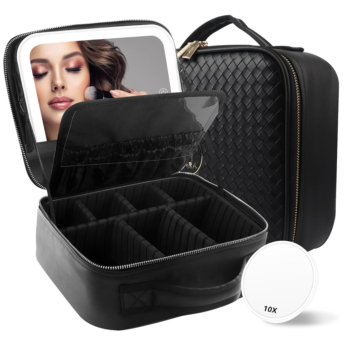 Travel Makeup Bag Cosmetic Bag with Lighted Mirror, Adjustable Brightness in 3 Color Scenarios/Detachable makeup mirror, All-round Upgrade, Waterproof, Gift for Women -Black