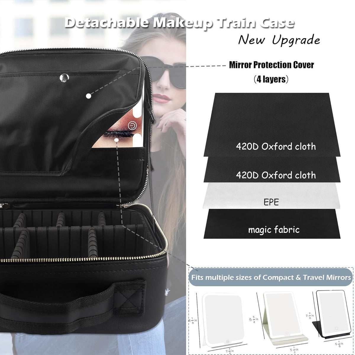 Travel Makeup Bag Cosmetic Bag with Lighted Mirror, Adjustable Brightness in 3 Color Scenarios/Detachable makeup mirror, All-round Upgrade, Waterproof, Gift for Women -Black