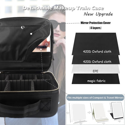 Travel Makeup Bag Cosmetic Bag with Lighted Mirror, Adjustable Brightness in 3 Color Scenarios/Detachable makeup mirror, All-round Upgrade, Waterproof, Gift for Women -Black