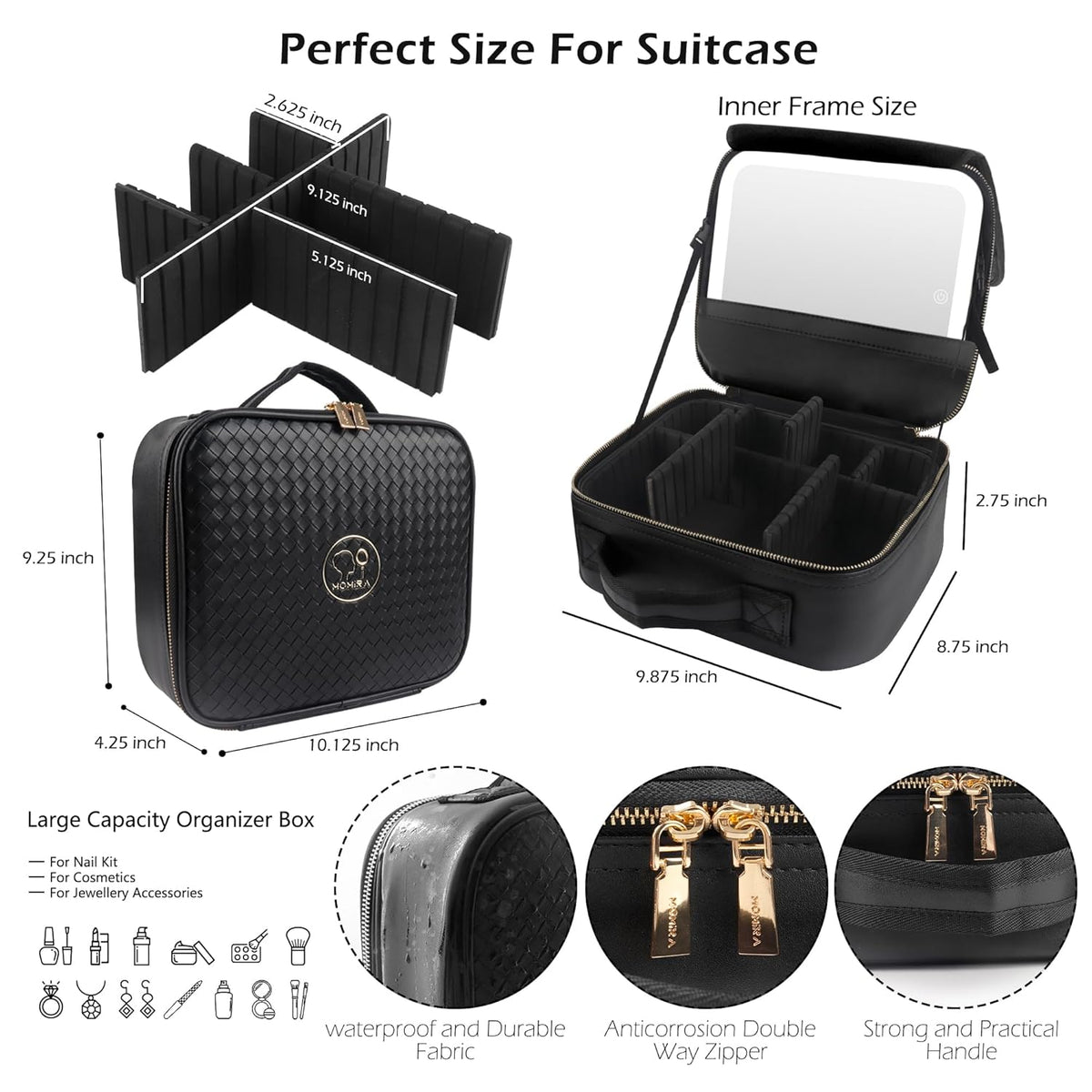 Travel Makeup Bag Cosmetic Bag with Lighted Mirror, Adjustable Brightness in 3 Color Scenarios/Detachable makeup mirror, All-round Upgrade, Waterproof, Gift for Women -Black