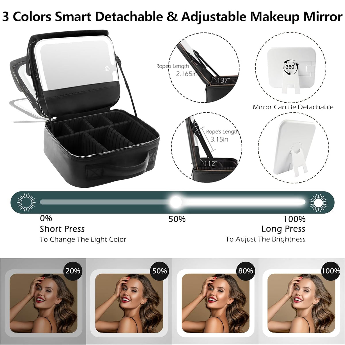 Travel Makeup Bag Cosmetic Bag with Lighted Mirror, Adjustable Brightness in 3 Color Scenarios/Detachable makeup mirror, All-round Upgrade, Waterproof, Gift for Women -Black