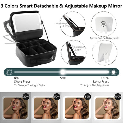 Travel Makeup Bag Cosmetic Bag with Lighted Mirror, Adjustable Brightness in 3 Color Scenarios/Detachable makeup mirror, All-round Upgrade, Waterproof, Gift for Women -Black