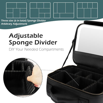Travel Makeup Bag Cosmetic Bag with Lighted Mirror, Adjustable Brightness in 3 Color Scenarios/Detachable makeup mirror, All-round Upgrade, Waterproof, Gift for Women -Black