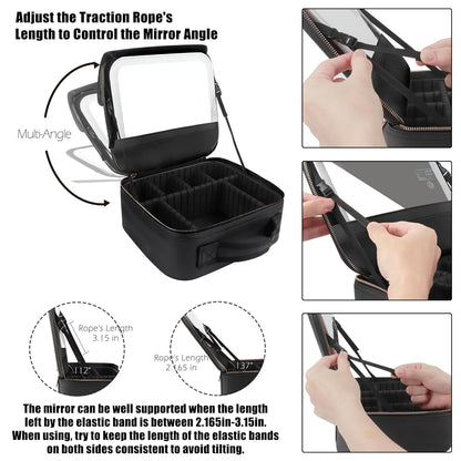 Travel Makeup Bag Cosmetic Bag with Lighted Mirror, Adjustable Brightness in 3 Color Scenarios/Detachable makeup mirror, All-round Upgrade, Waterproof, Gift for Women -Black