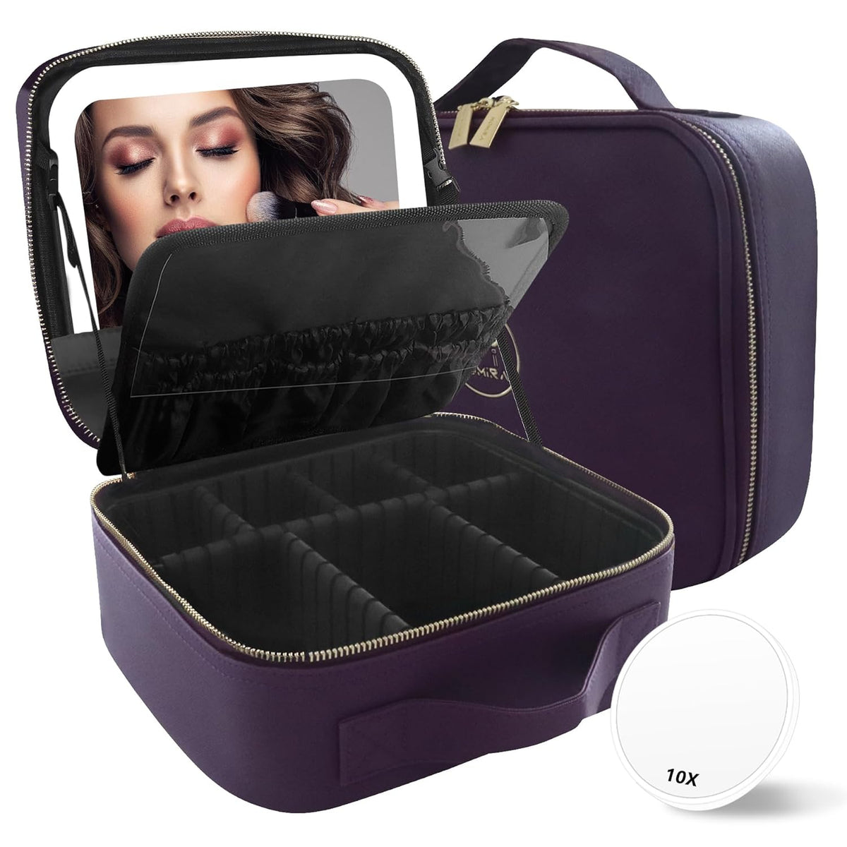 Travel Makeup Bag Cosmetic Bag with Lighted Mirror, Adjustable Brightness in 3 Color Scenarios/Detachable makeup mirror, All-round Upgrade, Waterproof, Gift for Women -Black