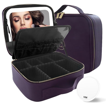 Travel Makeup Bag Cosmetic Bag with Lighted Mirror, Adjustable Brightness in 3 Color Scenarios/Detachable makeup mirror, All-round Upgrade, Waterproof, Gift for Women -Black