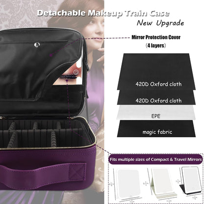 Travel Makeup Bag Cosmetic Bag with Lighted Mirror, Adjustable Brightness in 3 Color Scenarios/Detachable makeup mirror, All-round Upgrade, Waterproof, Gift for Women -Black