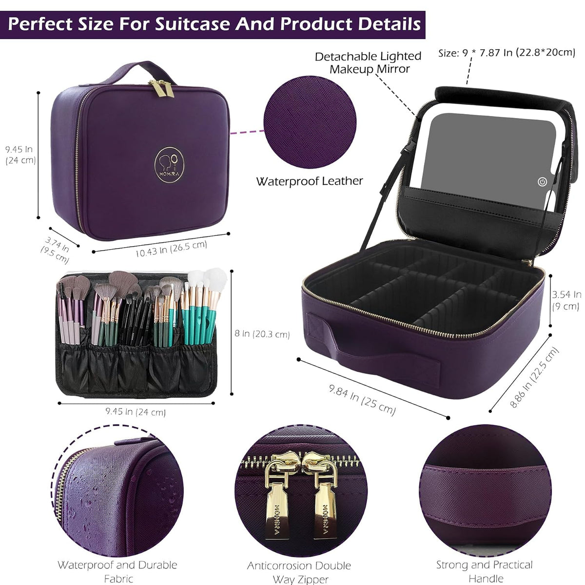 Travel Makeup Bag Cosmetic Bag with Lighted Mirror, Adjustable Brightness in 3 Color Scenarios/Detachable makeup mirror, All-round Upgrade, Waterproof, Gift for Women -Black