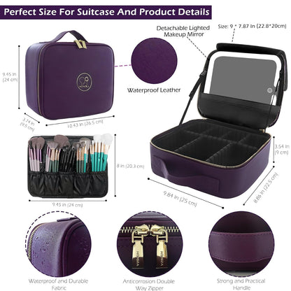 Travel Makeup Bag Cosmetic Bag with Lighted Mirror, Adjustable Brightness in 3 Color Scenarios/Detachable makeup mirror, All-round Upgrade, Waterproof, Gift for Women -Black