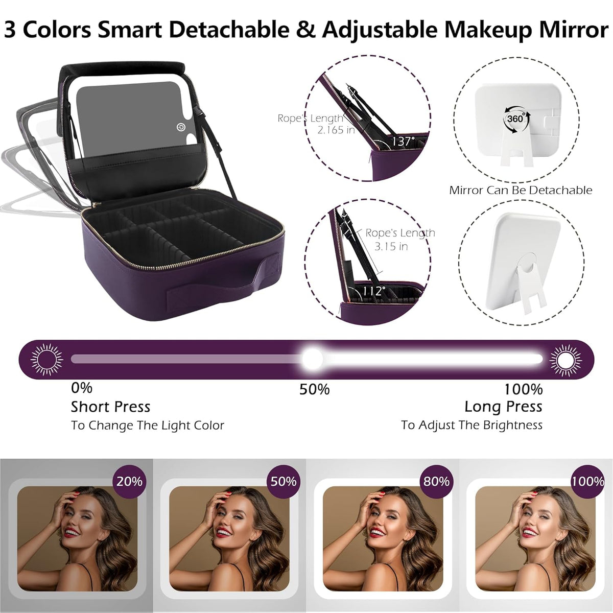 Travel Makeup Bag Cosmetic Bag with Lighted Mirror, Adjustable Brightness in 3 Color Scenarios/Detachable makeup mirror, All-round Upgrade, Waterproof, Gift for Women -Black