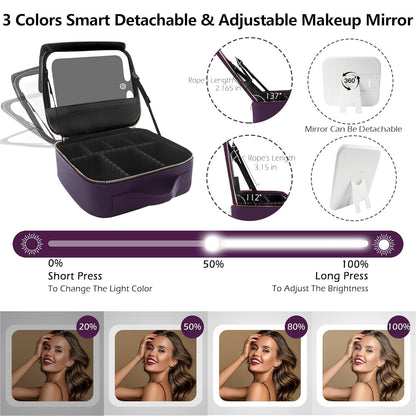 Travel Makeup Bag Cosmetic Bag with Lighted Mirror, Adjustable Brightness in 3 Color Scenarios/Detachable makeup mirror, All-round Upgrade, Waterproof, Gift for Women -Black