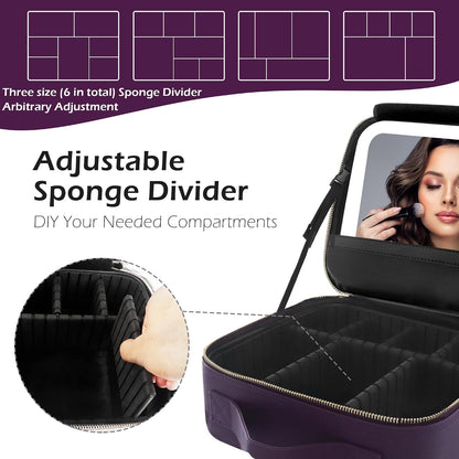 Travel Makeup Bag Cosmetic Bag with Lighted Mirror, Adjustable Brightness in 3 Color Scenarios/Detachable makeup mirror, All-round Upgrade, Waterproof, Gift for Women -Black