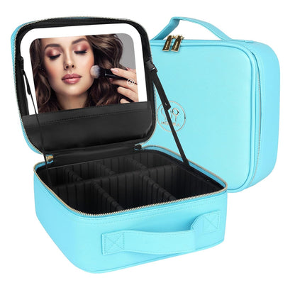 Travel Makeup Bag Cosmetic Bag with Lighted Mirror, Adjustable Brightness in 3 Color Scenarios/Detachable makeup mirror, All-round Upgrade, Waterproof, Gift for Women -Black