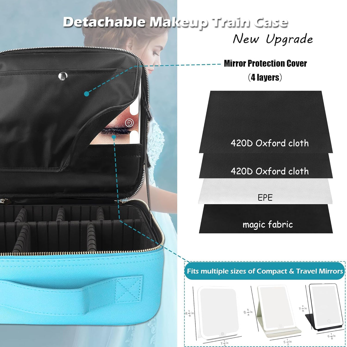 Travel Makeup Bag Cosmetic Bag with Lighted Mirror, Adjustable Brightness in 3 Color Scenarios/Detachable makeup mirror, All-round Upgrade, Waterproof, Gift for Women -Black
