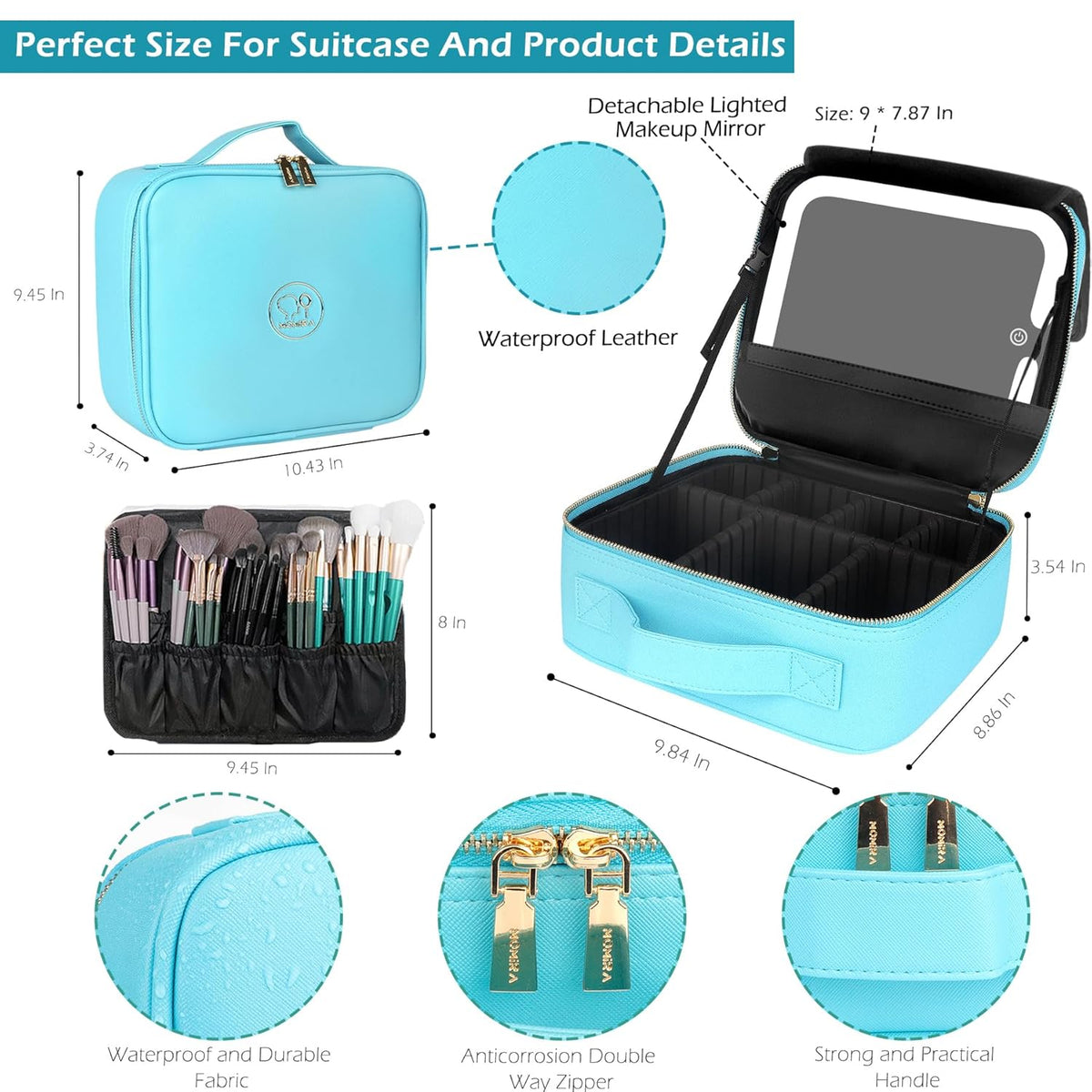 Travel Makeup Bag Cosmetic Bag with Lighted Mirror, Adjustable Brightness in 3 Color Scenarios/Detachable makeup mirror, All-round Upgrade, Waterproof, Gift for Women -Black