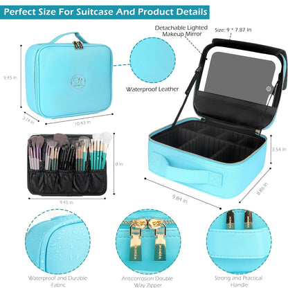 Travel Makeup Bag Cosmetic Bag with Lighted Mirror, Adjustable Brightness in 3 Color Scenarios/Detachable makeup mirror, All-round Upgrade, Waterproof, Gift for Women -Black